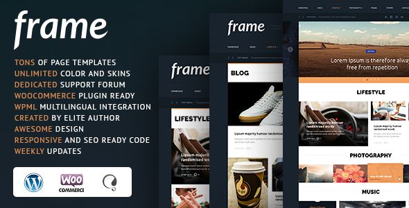 Frame Magazine Responsive WordPress Theme by CRIK0VA is a news magazine WordPress theme which features Retina display support, fully responsive layouts, search engine optimization, Google Fonts support, WooCommerce integration, clean design, support for photo galleries and magazine style layouts.