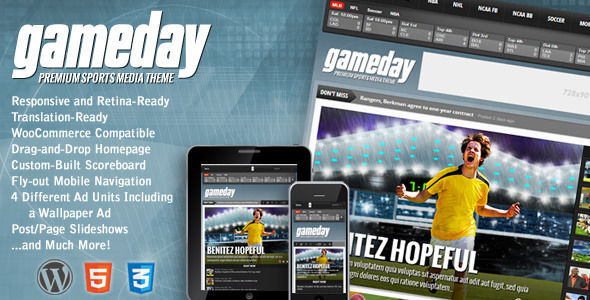 Gameday by MVPThemes is a news magazine WordPress theme which features Retina display support, support for RTL languages, fully responsive layouts, search engine optimization, WooCommerce integration and magazine style layouts.