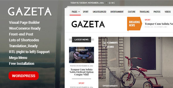 Gazeta by PremiumLayers is a news magazine WordPress theme which features support for RTL languages, Mega Menu, one page layouts, fully responsive layouts, search engine optimization, Revolution Slider, WooCommerce integration, Bootstrap framework utilization, magazine style layouts and is great for your personal site.