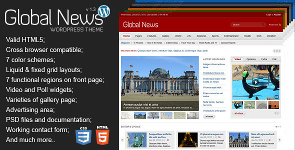 Global News Portal by Mad_velikorodnov is a news magazine WordPress theme which features fully responsive layouts, search engine optimization, WooCommerce integration, clean design, can be used for your portfolio, corporate style visuals, flat design aesthetics and a grid layout.