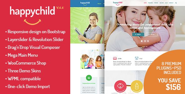 HappyChild by StylemixThemes is a educational WordPress theme which features parallax elements, support for RTL languages, one page layouts, fully responsive layouts, Google Fonts support, Revolution Slider, WooCommerce integration, Bootstrap framework utilization, can be used for your portfolio, masonry post layouts and a grid layout.