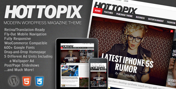 Hot Topix by MVPThemes is a news magazine WordPress theme which features Retina display support, support for RTL languages, fully responsive layouts, search engine optimization, Google Fonts support, WooCommerce integration, clean design, magazine style layouts and is great for your personal site.