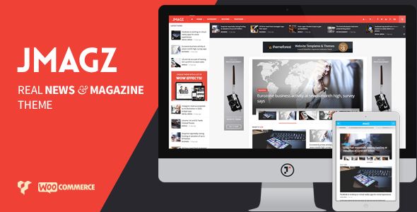 JMagz by Jegtheme is a news magazine WordPress theme which features Retina display support, Mega Menu, one page layouts, fully responsive layouts, search engine optimization, Google Fonts support, Revolution Slider, WooCommerce integration and magazine style layouts.