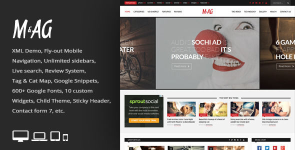 MAG by An-Themes is a news magazine WordPress theme which features fully responsive layouts, search engine optimization, Google Fonts support, clean design, support for photo galleries, magazine style layouts, is great for your personal site, masonry post layouts and a grid layout.