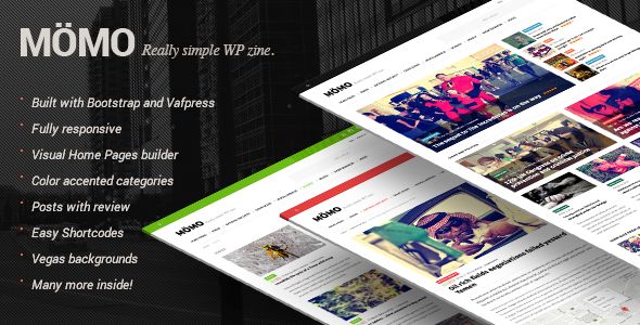 MOMO by Feeleep is a news magazine WordPress theme which features Retina display support, fully responsive layouts, Revolution Slider, clean design, Bootstrap framework utilization and magazine style layouts.