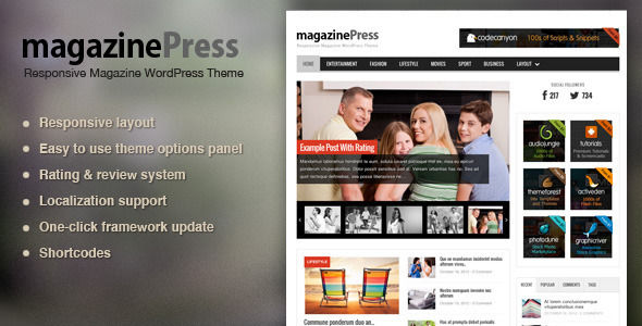 MagazinePress by ThemeWarriors is a news magazine WordPress theme which features fully responsive layouts, search engine optimization and magazine style layouts.