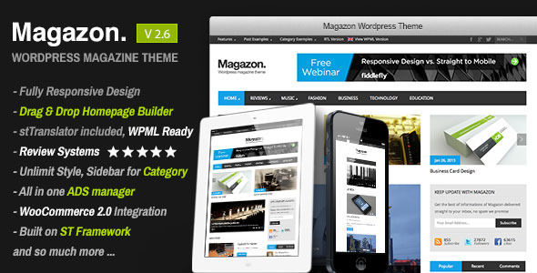 Magazon by SmoothThemes is a news magazine WordPress theme which features support for RTL languages, one page layouts, fully responsive layouts, Google Fonts support, Revolution Slider, WooCommerce integration, clean design, support for photo galleries, magazine style layouts and is great for your personal site.