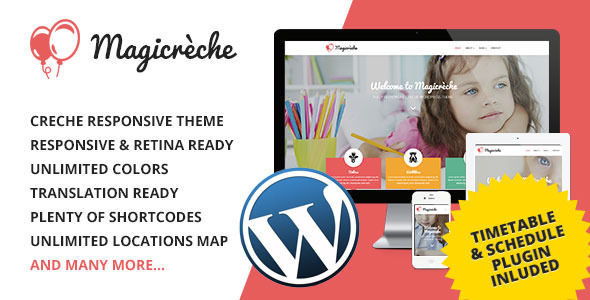Magicreche by Coffeecream is a educational WordPress theme which features Retina display support, support for RTL languages, one page layouts, fully responsive layouts, Google Fonts support, Bootstrap framework utilization, flat design aesthetics and minimal design.