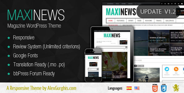 MaxiNews by Themes-Dojo is a news magazine WordPress theme which features support for RTL languages, fully responsive layouts, search engine optimization, Google Fonts support, clean design, can be used for your portfolio, magazine style layouts, bold design elements and flat design aesthetics.