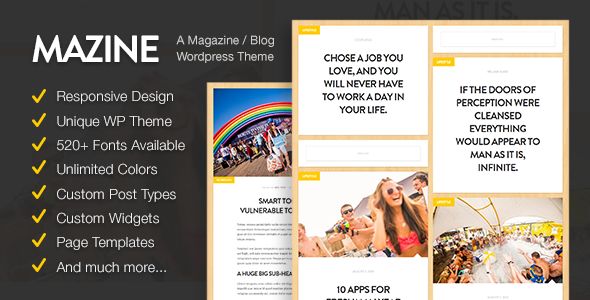 Mazine by ReyMarval is a news magazine WordPress theme which features Retina display support, fully responsive layouts, search engine optimization, Google Fonts support, clean design and magazine style layouts.