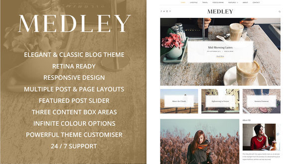 Medley by Sculpture Qode is a great new WordPress theme which features Retina display support, support for RTL languages, fully responsive layouts, search engine optimization, clean design, support for photo galleries, is great for your personal site, blogging related layouts and optimizations, a grid layout and minimal design.