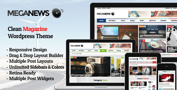 Meganews by Pego is a news magazine WordPress theme which features Retina display support, Mega Menu, fully responsive layouts, search engine optimization, Google Fonts support, Revolution Slider, clean design, can be used for your portfolio, magazine style layouts, is great for your personal site and a grid layout.