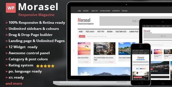 Morasel by 2codeThemes is a news magazine WordPress theme which features support for RTL languages, fully responsive layouts, search engine optimization, Revolution Slider, clean design, Bootstrap framework utilization and magazine style layouts.