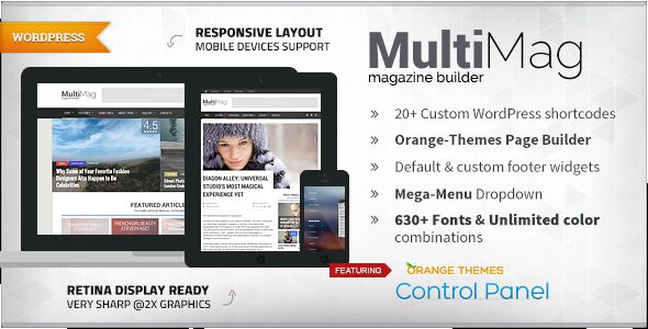 MultiMag by Orange-themes is a news magazine WordPress theme which features support for RTL languages, Mega Menu, fully responsive layouts, search engine optimization, Google Fonts support, Revolution Slider, WooCommerce integration, clean design, magazine style layouts, is great for your personal site, blogging related layouts and optimizations and minimal design.