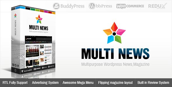 Multinews by Momizat is a news magazine WordPress theme which features Retina display support, support for RTL languages, Mega Menu, fully responsive layouts, search engine optimization, Google Fonts support, Revolution Slider, WooCommerce integration, magazine style layouts and a grid layout.
