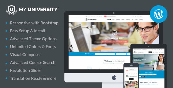 My University by SkatDesign is a WordPress theme for colleges and universities which features fully responsive layouts, search engine optimization, Revolution Slider, clean design, Bootstrap framework utilization and corporate style visuals.