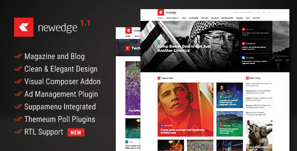 NewEdge by Themeum is a news magazine WordPress theme which features support for RTL languages, Mega Menu, one page layouts, fully responsive layouts, search engine optimization, Google Fonts support, Bootstrap framework utilization and magazine style layouts.