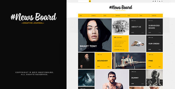 News Board by Mestowabo is a news magazine WordPress theme which features Retina display support, support for RTL languages, fully responsive layouts, search engine optimization, Revolution Slider, WooCommerce integration, clean design, can be used for your portfolio, magazine style layouts, is great for your personal site and a grid layout.