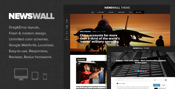 NewsWall by Dannci is a news magazine WordPress theme which features fully responsive layouts, search engine optimization, Google Fonts support, Revolution Slider, magazine style layouts, is great for your personal site, blogging related layouts and optimizations and bold design elements.