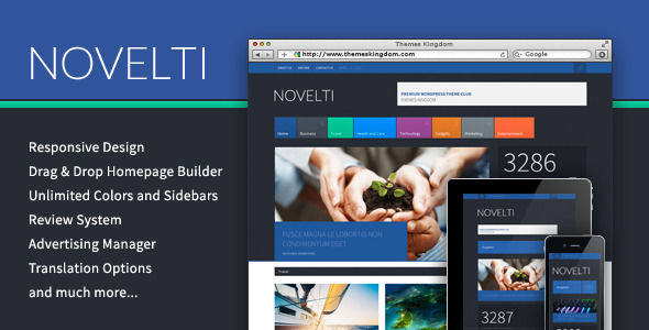 Novelti by Themeskingdom is a news magazine WordPress theme which features one page layouts, fully responsive layouts, Revolution Slider, magazine style layouts and bold design elements.
