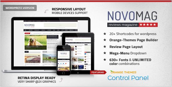 Novomag by Orange-themes is a news magazine WordPress theme which features Retina display support, support for RTL languages, Mega Menu, fully responsive layouts, search engine optimization, Google Fonts support, Revolution Slider, clean design, magazine style layouts, is great for your personal site, blogging related layouts and optimizations, flat design aesthetics and minimal design.