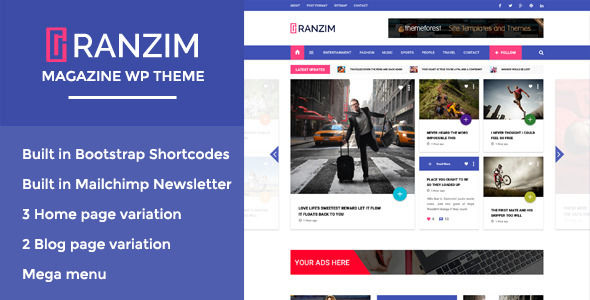 Ranzim by WPmines is a news magazine WordPress theme which features support for RTL languages, Mega Menu, fully responsive layouts, Google Fonts support, clean design, Bootstrap framework utilization, magazine style layouts, a grid layout and minimal design.