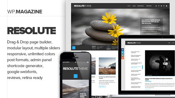 Resolute by Vergo is a news magazine WordPress theme which features Retina display support, fully responsive layouts, search engine optimization, Google Fonts support, Revolution Slider, WooCommerce integration, clean design, magazine style layouts and minimal design.