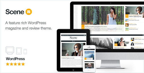 Scene by ThemeCanon is a news magazine WordPress theme which features Retina display support, one page layouts, fully responsive layouts, search engine optimization, Google Fonts support, Revolution Slider, WooCommerce integration, clean design, magazine style layouts and masonry post layouts.