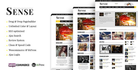 Sense by Bkninja is a news magazine WordPress theme which features parallax elements, support for RTL languages, Mega Menu, one page layouts, fully responsive layouts, search engine optimization, Google Fonts support, Revolution Slider, WooCommerce integration, clean design, Bootstrap framework utilization, support for photo galleries, magazine style layouts, masonry post layouts and a grid layout.
