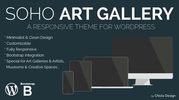 Soho Art Gallery by Chicle Design is a great new WordPress theme which features fully responsive layouts, clean design, Bootstrap framework utilization, support for photo galleries, can be used for your portfolio and minimal design.