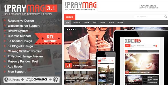 Spraymag by Wpsmart is a news magazine WordPress theme which features support for RTL languages, fully responsive layouts, search engine optimization, WooCommerce integration, clean design, magazine style layouts, is great for your personal site, masonry post layouts and a grid layout.