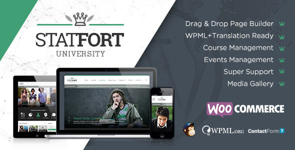 Statfort by Chimpstudio is a educational WordPress theme which features support for RTL languages, fully responsive layouts, search engine optimization, Revolution Slider, WooCommerce integration, clean design, Bootstrap framework utilization, magazine style layouts and corporate style visuals.