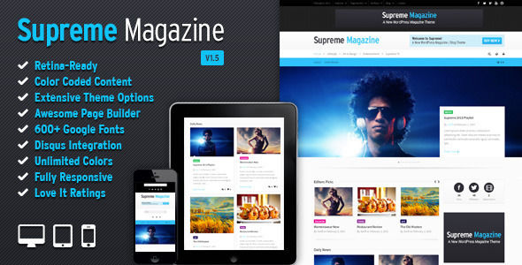 Supreme by SwiftIdeas is a news magazine WordPress theme which features Retina display support, support for RTL languages, fully responsive layouts, search engine optimization, Google Fonts support, Revolution Slider, WooCommerce integration, clean design, can be used for your portfolio, magazine style layouts and a grid layout.