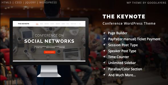 The Keynote by GoodLayers is a educational WordPress theme which features Retina display support, parallax elements, Mega Menu, fully responsive layouts, search engine optimization, Google Fonts support, Revolution Slider, WooCommerce integration, clean design, can be used for your portfolio, flat design aesthetics, masonry post layouts and minimal design.