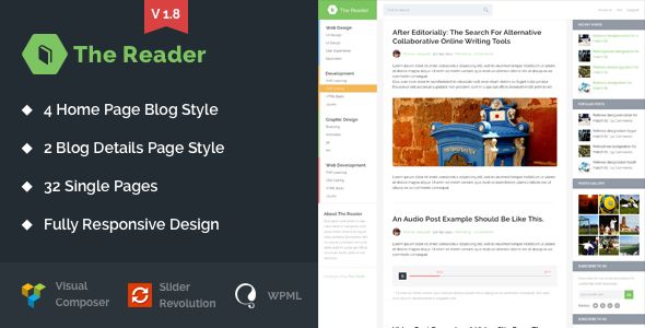 The Reader WordPress Minimal Blog Template by One_touch is a news magazine WordPress theme which features support for RTL languages, fully responsive layouts, can be used for your portfolio, magazine style layouts, corporate style visuals, blogging related layouts and optimizations, a grid layout and minimal design.