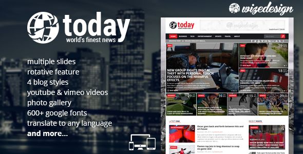 Today by Wizedesign is a news magazine WordPress theme which features Google Fonts support, magazine style layouts and Futuristic.