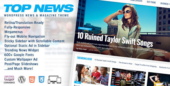 Top News by MVPThemes is a news magazine WordPress theme which features Retina display support, support for RTL languages, Mega Menu, fully responsive layouts, search engine optimization, WooCommerce integration, clean design, magazine style layouts and a grid layout.