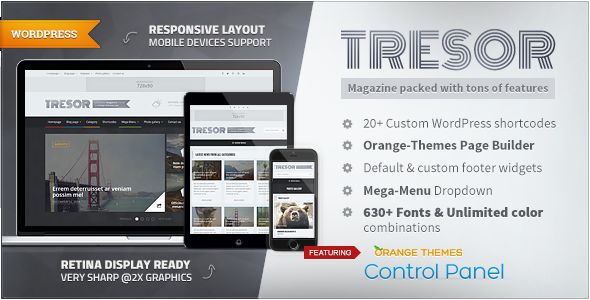 Tresor by Orange-themes is a news magazine WordPress theme which features Mega Menu, fully responsive layouts, search engine optimization, Google Fonts support, Revolution Slider, clean design, magazine style layouts, blogging related layouts and optimizations, flat design aesthetics and minimal design.