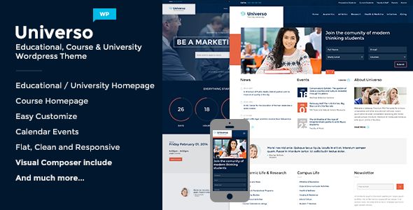Universo by OceanThemes is a WordPress theme for colleges and universities which features Retina display support, support for RTL languages, fully responsive layouts, search engine optimization, Google Fonts support, clean design and Bootstrap framework utilization.
