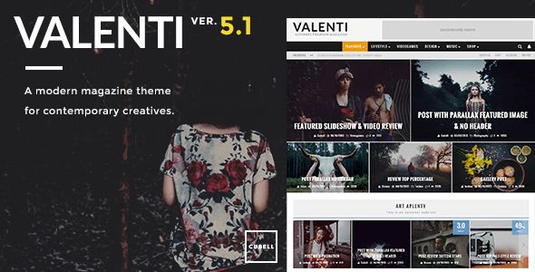 Valenti by Cubell is a news magazine WordPress theme which features Retina display support, parallax elements, support for RTL languages, Mega Menu, fully responsive layouts, search engine optimization, Google Fonts support, Revolution Slider, WooCommerce integration, clean design, magazine style layouts and a grid layout.