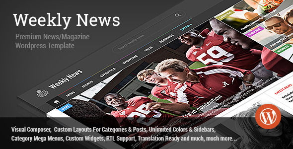 Weekly News by Mip is a news magazine WordPress theme which features Retina display support, parallax elements, support for RTL languages, Mega Menu, fully responsive layouts, search engine optimization, Google Fonts support, Revolution Slider, WooCommerce integration, Bootstrap framework utilization and magazine style layouts.
