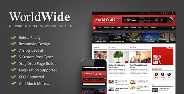 World Wide by GoodLayers is a news magazine WordPress theme which features Retina display support, fully responsive layouts, search engine optimization, Google Fonts support, Revolution Slider, WooCommerce integration, clean design, support for photo galleries, can be used for your portfolio, magazine style layouts, corporate style visuals, a grid layout and minimal design.