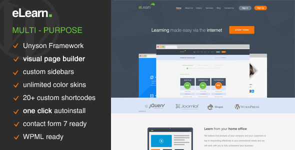ELearn by KL-Webmedia is a educational WordPress theme which features fully responsive layouts, Revolution Slider, clean design, Bootstrap framework utilization, is great for your personal site, flat design aesthetics, a grid layout and minimal design.