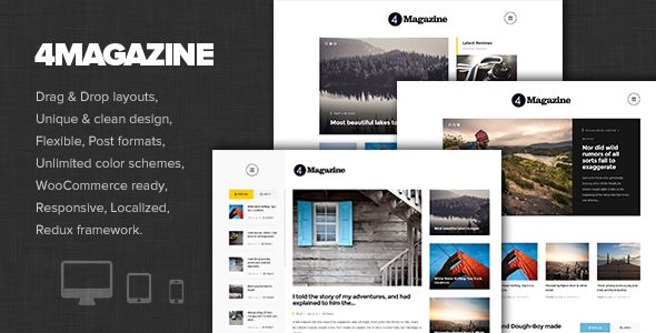 Magazine by Dannci is a news magazine WordPress theme which features support for RTL languages, fully responsive layouts, search engine optimization, Google Fonts support, Revolution Slider, WooCommerce integration, clean design, can be used for your portfolio, magazine style layouts, is great for your personal site, blogging related layouts and optimizations, flat design aesthetics and masonry post layouts.