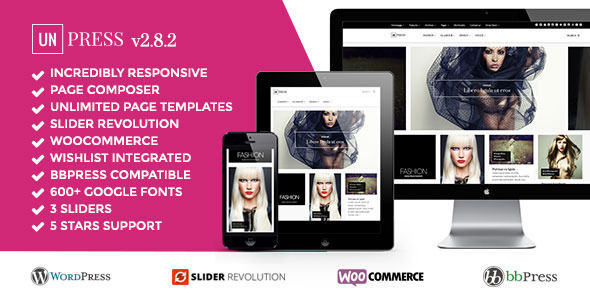 UnPress Magazine by Favethemes is a news magazine WordPress theme which features parallax elements, Mega Menu, fully responsive layouts, search engine optimization, Google Fonts support, Revolution Slider, WooCommerce integration, clean design, Bootstrap framework utilization, magazine style layouts, masonry post layouts, a grid layout and minimal design.