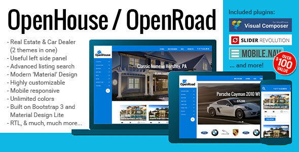 OpenHouse Real Estate And OpenRoad Car Dealer Responsive Material WordPress Theme by BuchmannDesign is a WordPress theme for automotive websites which features support for RTL languages, fully responsive layouts, search engine optimization, Google Fonts support, Revolution Slider, clean design, Bootstrap framework utilization and minimal design.
