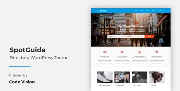 SpotGuide by CodeVisionThemes is a WordPress theme for automotive websites which features Retina display support, support for RTL languages, fully responsive layouts, search engine optimization, Bootstrap framework utilization and flat design aesthetics.