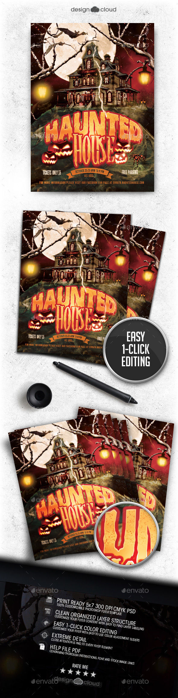 Haunted House Flyer Template by Design-Cloud (Halloween party flyer)