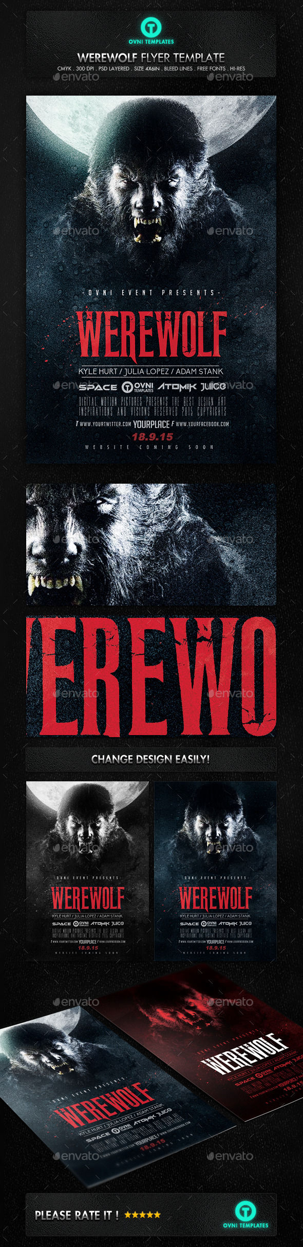Werewolf Dark Horror Movie Flyer Poster Template by OVNI-TEMPLATES (Halloween party flyer)