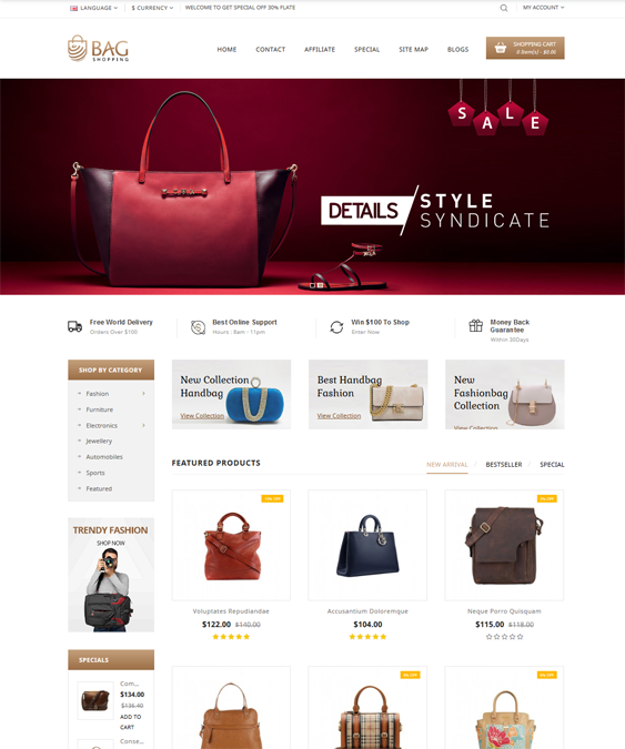 opencart themes for selling purses handbags backpacks